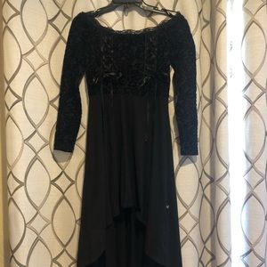 Black cotton and velvet flowers, asymmetrical dress.